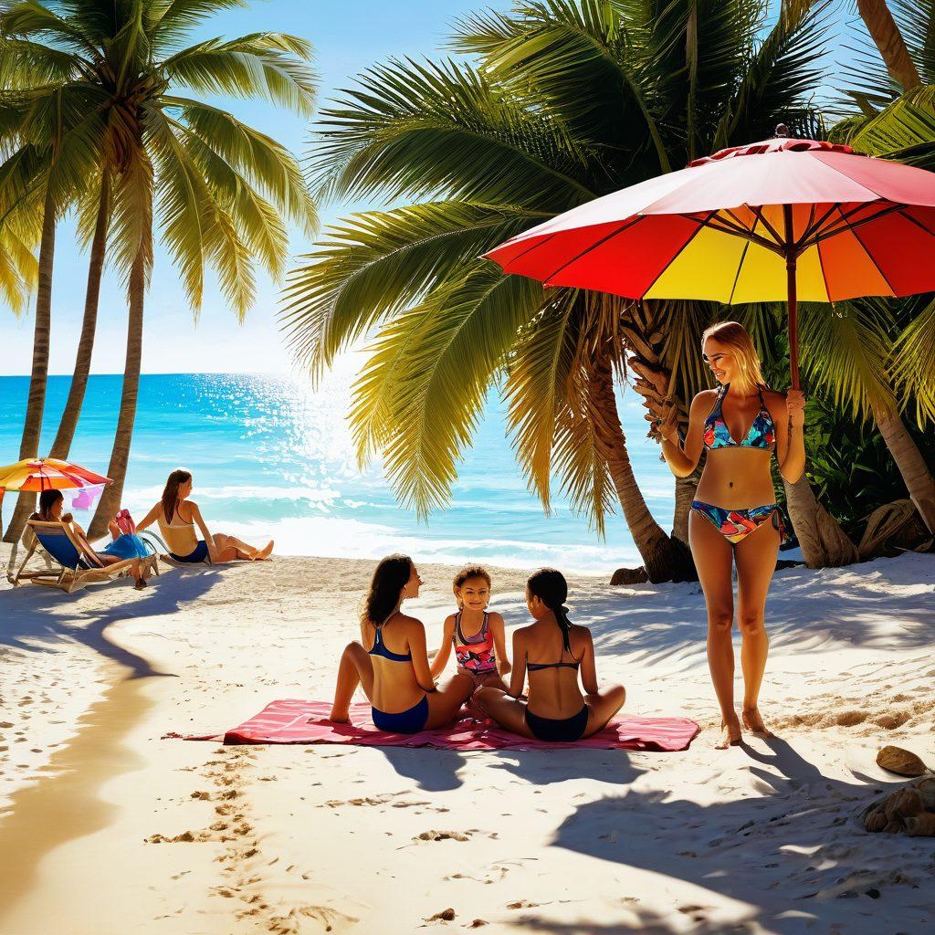 A serene beach scene featuring a diverse group of mothers enjoying a sunny day, wearing stylish and comfortable swimwear. The image showcases vibrant colors with mothers laughing, playing with their children, and relaxing under colorful umbrellas. Include soft waves lapping at the shore and palm trees in the background to evoke a sense of tranquility and joy. super-realistic. vibrant colors.