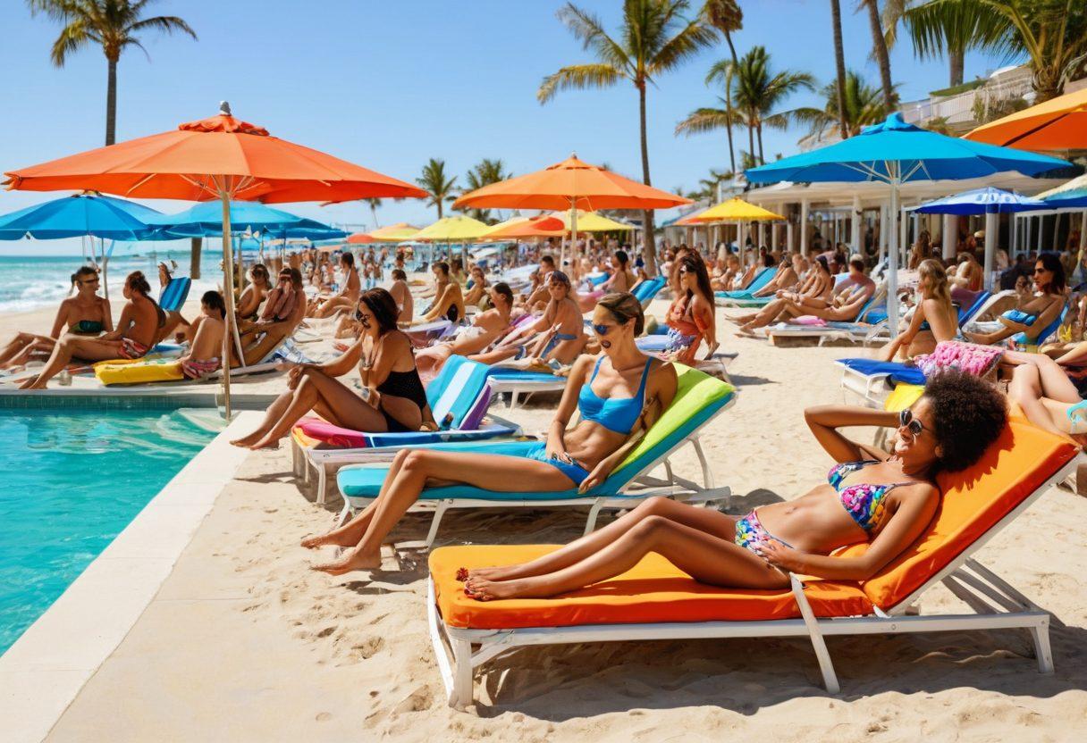 A vibrant beach scene showcasing a diverse group of families and friends enjoying various swimwear styles, from playful children's suits to chic adult swimwear. Include poolside loungers and colorful beach umbrellas with people swimming and sunbathing in the background. Capture the essence of summer fun and fashion. bright colors. summer vibe. super-realistic.