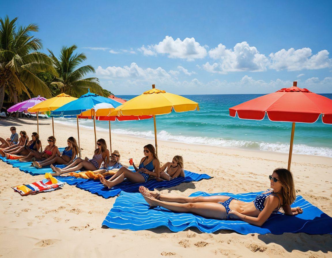 A vibrant beach scene showcasing stylish moms in various fashionable bikini styles, lounging under colorful umbrellas, and playing with their kids on the sand. Capture a mix of trendy patterns, bold colors, and stylish accessories like sun hats and sunglasses for the moms. Include a clear blue sky and gentle waves in the background to evoke a warm summer atmosphere. Add elements of summer such as beach balls and tropical drinks for an inviting feel. super-realistic. vibrant colors. bright beach setting.